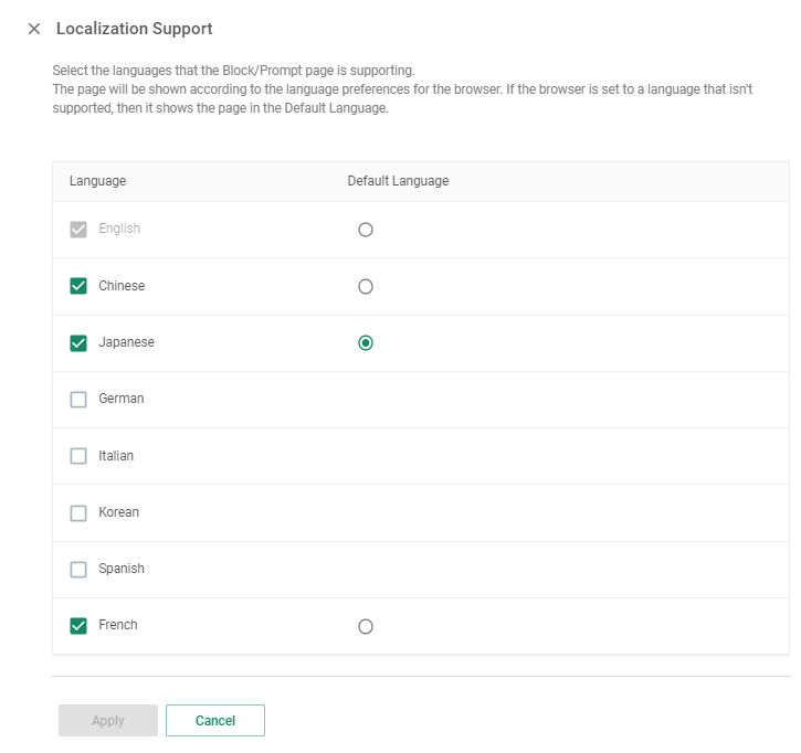 Panneau de localisation de la page de blocage